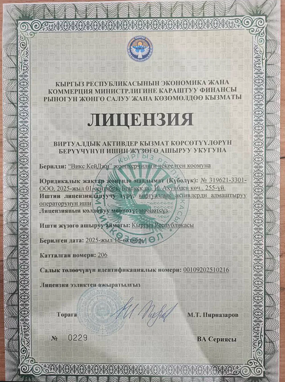 Лицензия на деятельность поставщика услуг виртуальных активов (кыргызский)